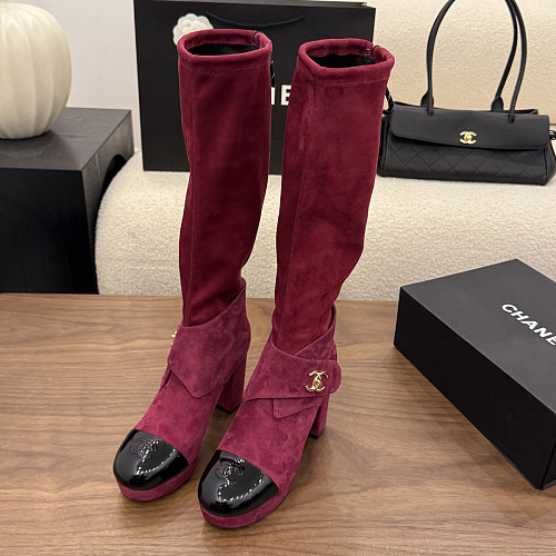 Burgundy Suede Patent Toe Chunky Heel Knee High Boots