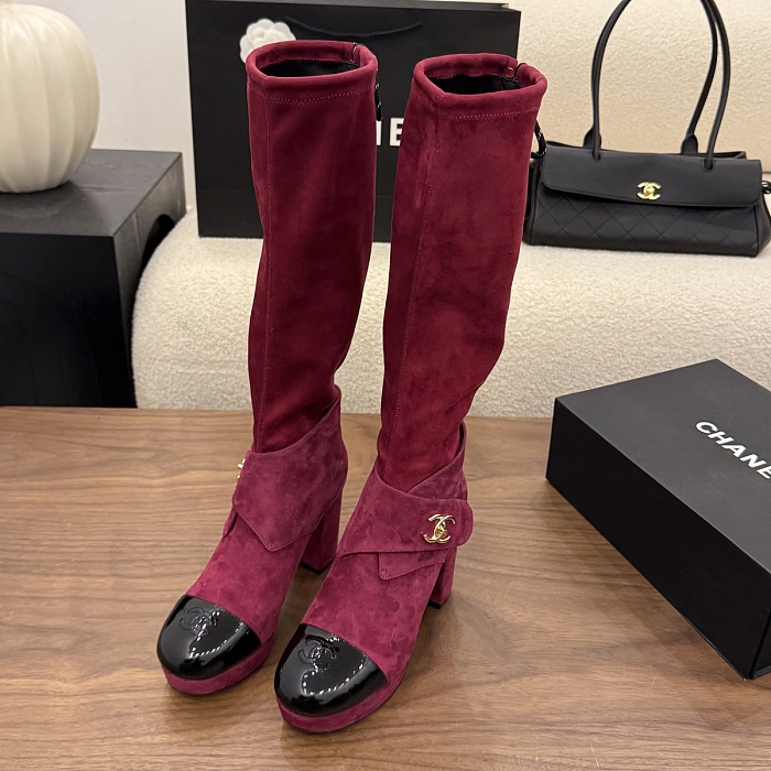 Burgundy Suede Patent Toe Chunky Heel Knee High Boots