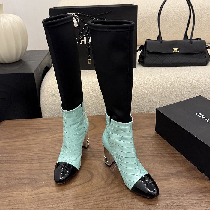 Chunky High Heel Two Tone Croc Embossed Long Boots with Black Stretch Shaft