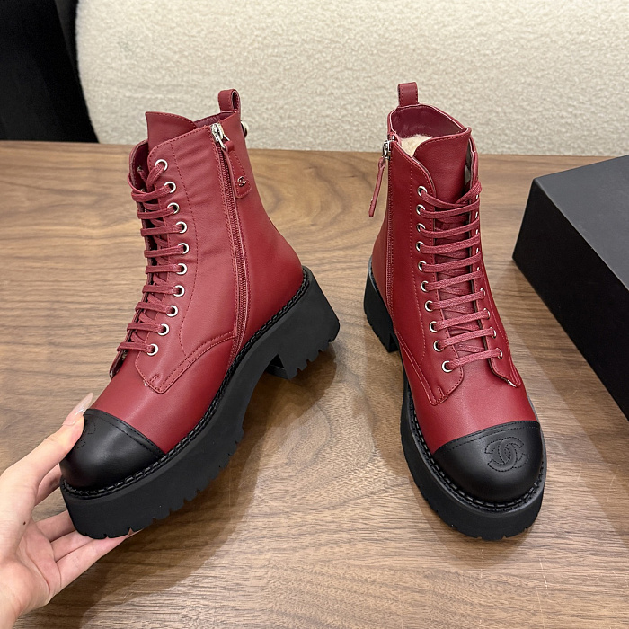 Burgundy Contrast Cap Toe Lace Up Chunky Boots