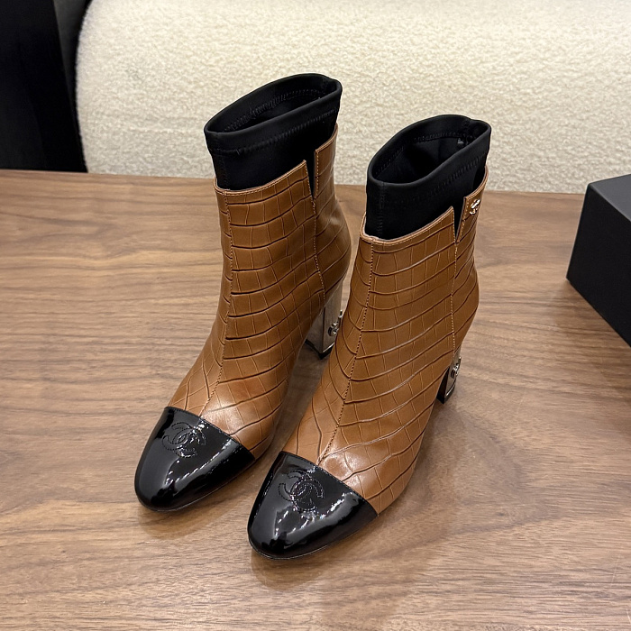 Caramel Brown Crocodile Embossed Patent Toe Block Heel Boots