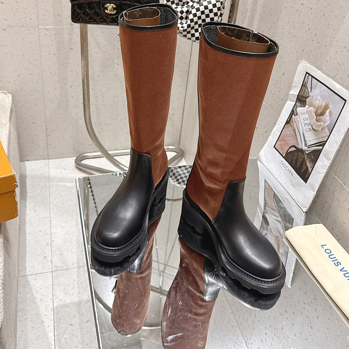 Two-Tone Platform Knee-High Boots With Chunky Heel