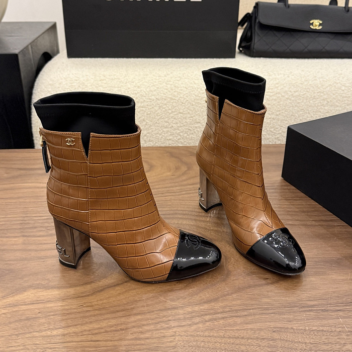 Caramel Brown Crocodile Embossed Patent Toe Block Heel Boots