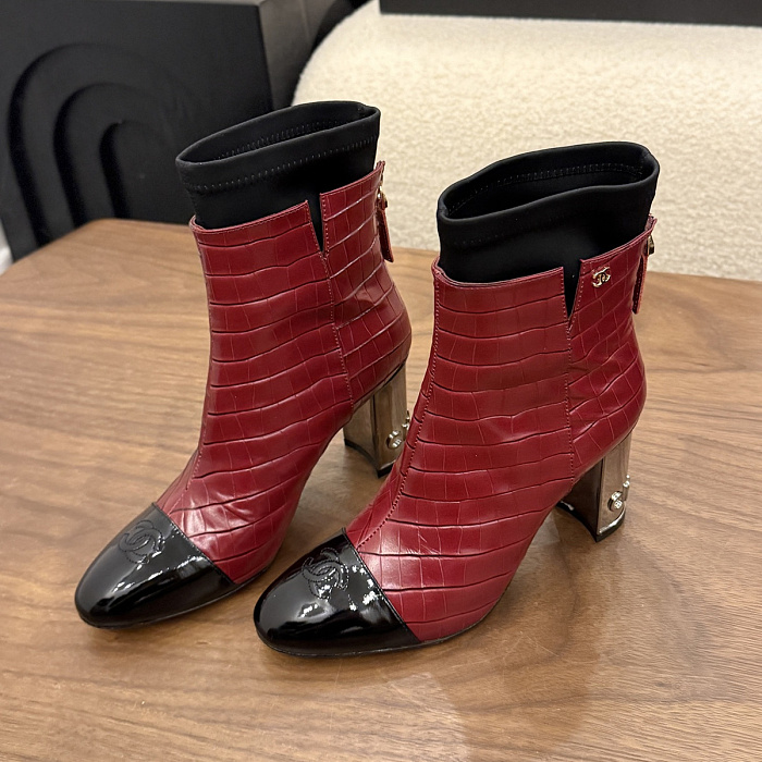 Two-Tone Croc-Embossed Patent Cap Toe Chunky Heel Ankle Boots