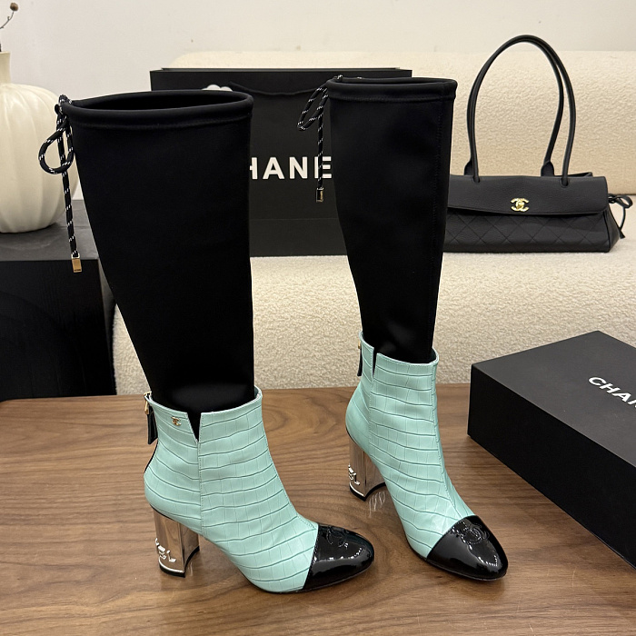 Chunky High Heel Two Tone Croc Embossed Long Boots with Black Stretch Shaft