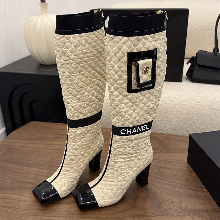 Quilted Knee High Heeled Boots With Patent Cap Toe And Pocket