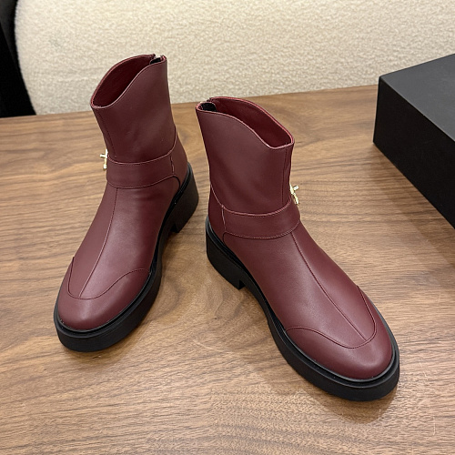 Burgundy Leather Ankle Boots With Chunky Soles And Side Buckle