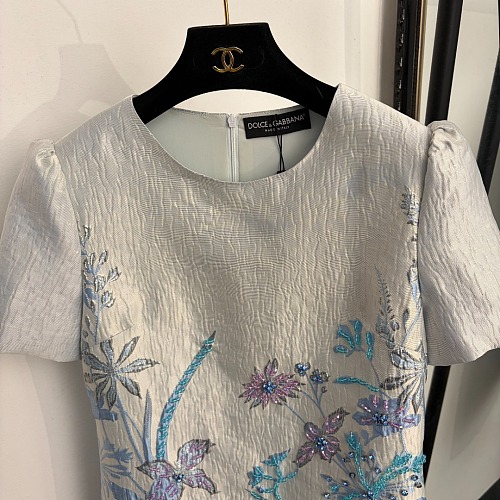 Beaded Metallic Jacquard Short Sleeve Light Blue Mini Dress