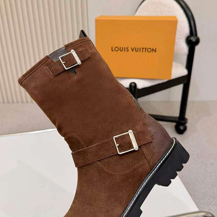 Brown Suede Mid-Calf Boots With Buckle Strap And Lug Sole