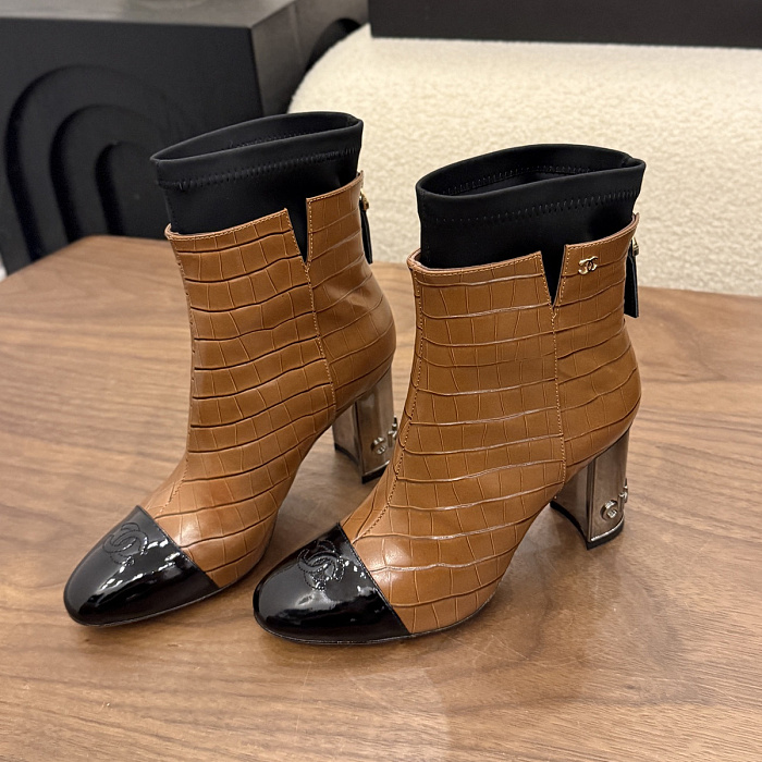 Caramel Brown Crocodile Embossed Patent Toe Block Heel Boots