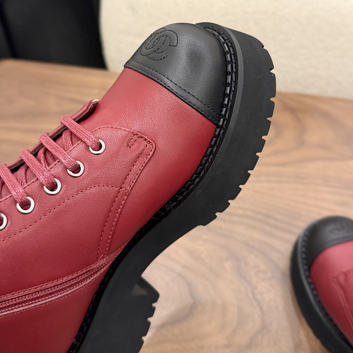 Burgundy Contrast Cap Toe Lace Up Chunky Boots