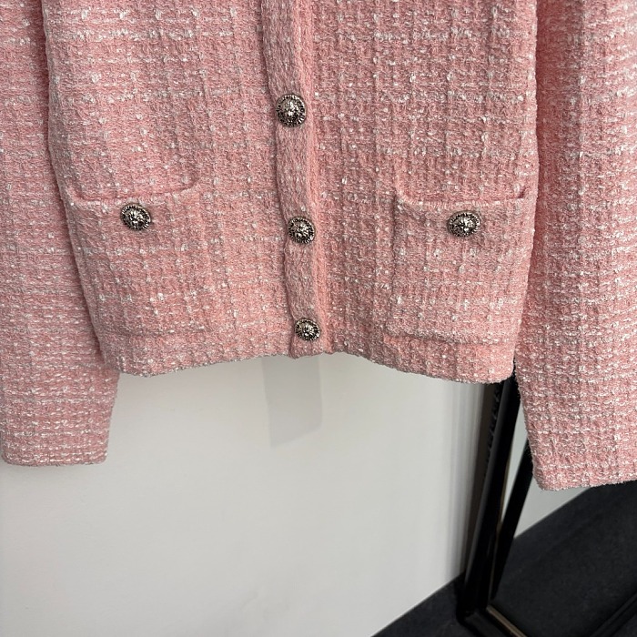 Textured Lion Button Pink Tweed Knit Cardigan