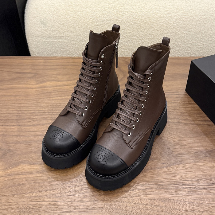 Brown Lace-Up Platform Boots With Black Contrast Cap Toe