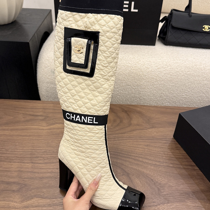 Quilted Knee High Heeled Boots With Patent Cap Toe And Pocket