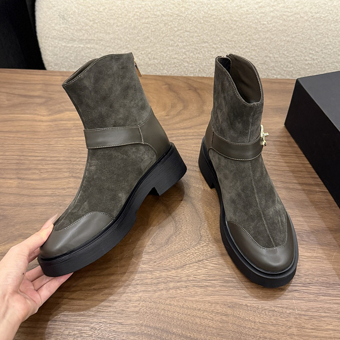 Chunky Platform Suede Ankle Boots With Metal Buckle Detail