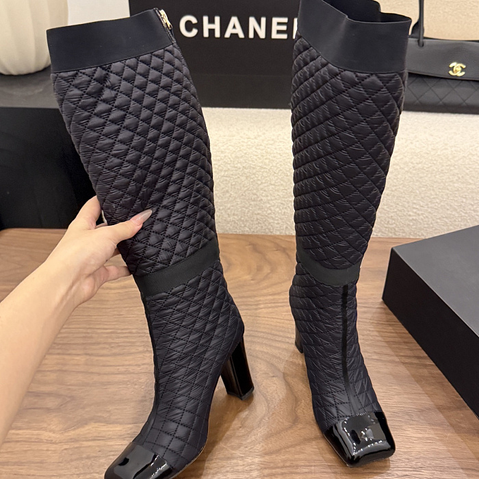 Quilted Fabric High Heel Boots With Patent Toe And Pocket