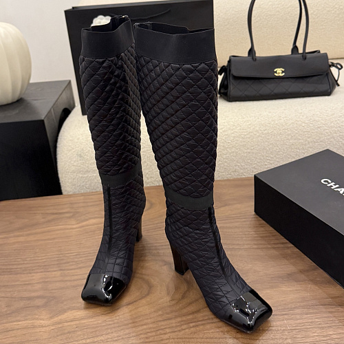 Quilted Fabric High Heel Boots With Patent Toe And Pocket