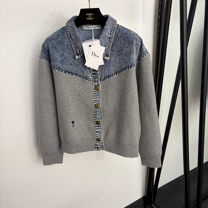 Bee Embroidered Denim Contrast Long Sleeve Knit Cardigan Jacket