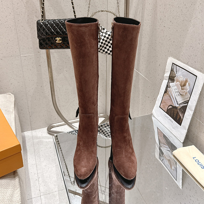 Brown Suede High Heel Knee High Boots With Side Zipper