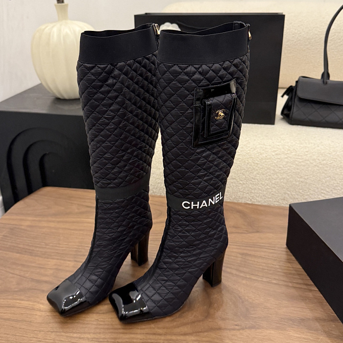 Quilted Fabric High Heel Boots With Patent Toe And Pocket
