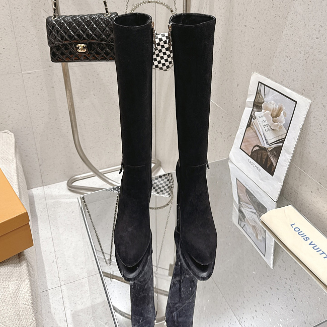 Chunky Heeled Suede Knee High Boots With Side Zipper And Buckle Detail