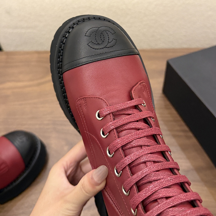 Burgundy Lace Up Chunky Lug Sole Combat Boots With Black Cap Toe