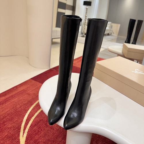 Black Pointed Toe Heeled Knee High Boots With Side Zipper