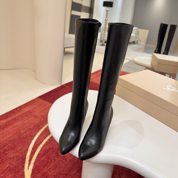 Black Pointed Toe Heeled Knee High Boots With Side Zipper