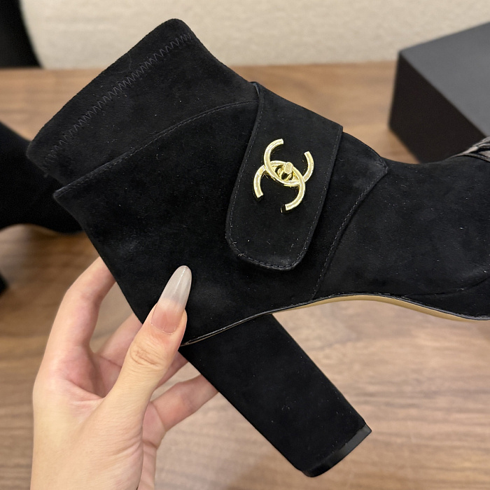 Black Suede Patent Cap Toe Chunky Heel Ankle Boots