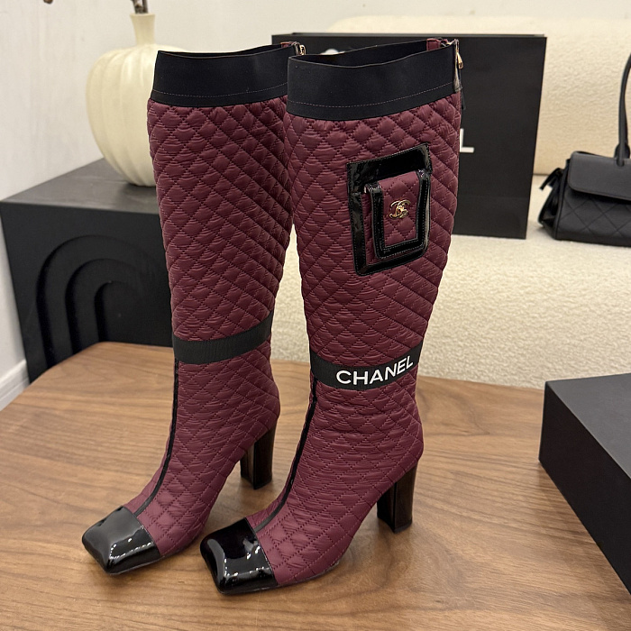 Quilted Fabric High Heel Long Boots With Pocket And Contrast Cap Toe