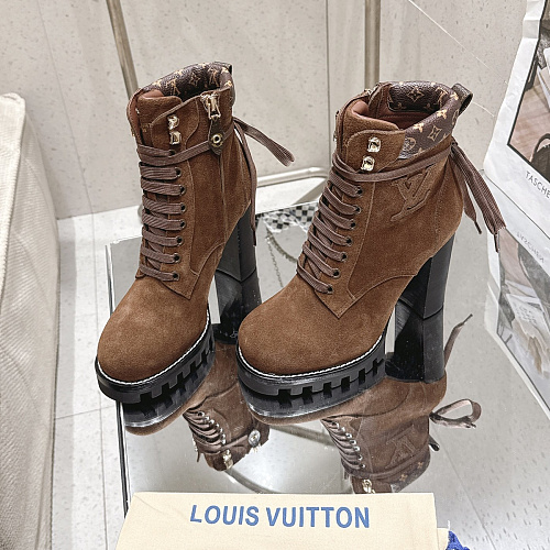 Brown Suede Lace Up Chunky Heel Platform Boots