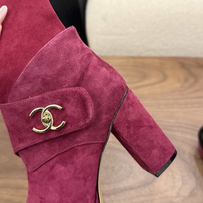 Burgundy Suede Patent Toe Chunky Heel Knee High Boots