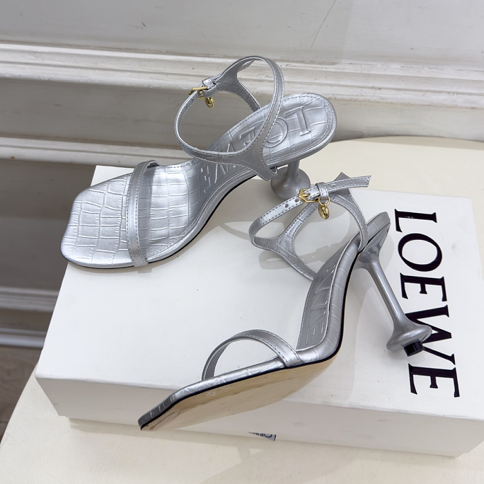 Silver Crocodile Embossed Open Toe Ankle Strap High Heel Sandals