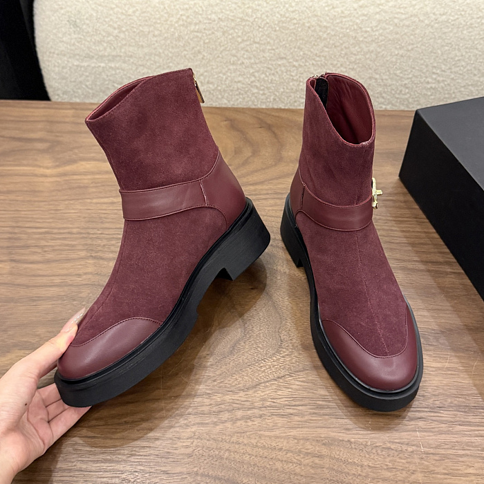Burgundy Suede Chunky Heel Ankle Boots With Metal Buckle