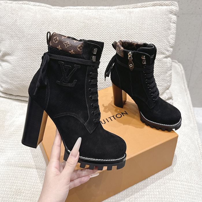 Black Suede Lace Up Chunky Heel Lug Sole Ankle Boots