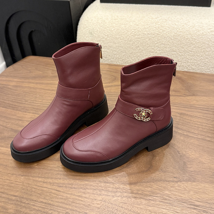 Burgundy Leather Ankle Boots With Chunky Soles And Side Buckle