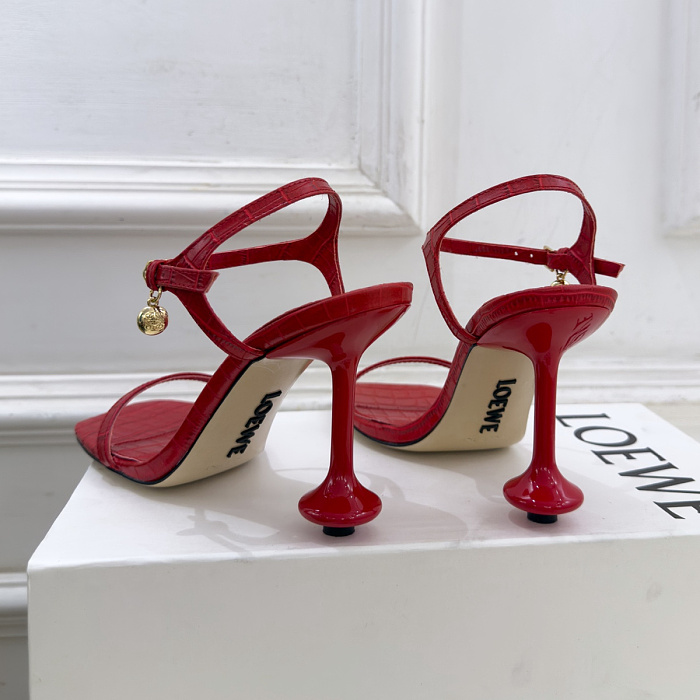 Red Crocodile Textured Open Toe Heeled Sandals With Ankle Strap