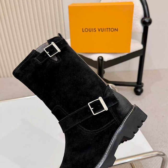 Chunky Lug Sole Suede Mid-Calf Boots With Buckle Strap