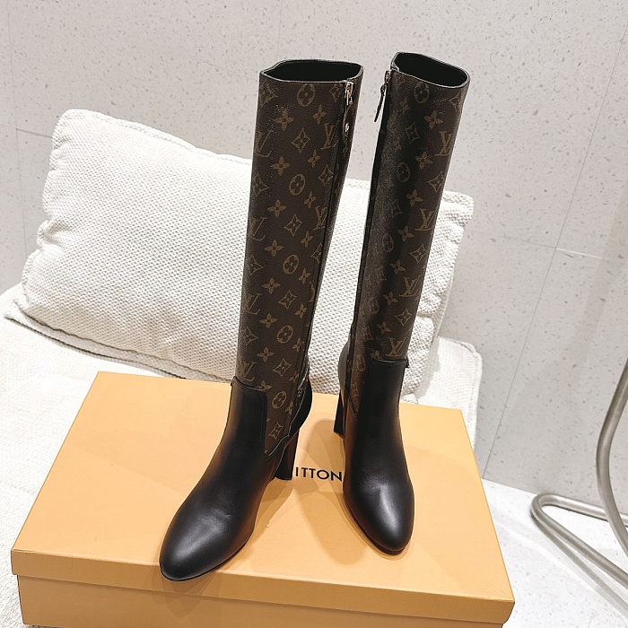 Monogram Print And Black Leather Chunky Heel High Boots