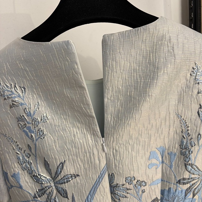 Beaded Metallic Jacquard Short Sleeve Light Blue Mini Dress