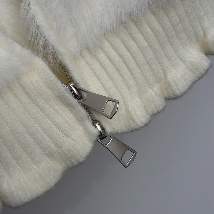 Beaded Icon Detail Lettuce Trim Zip Up Fluffy Knit Cardigan