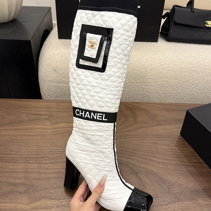 White Quilted Fabric High Heel Boots With Patent Toe And Pocket