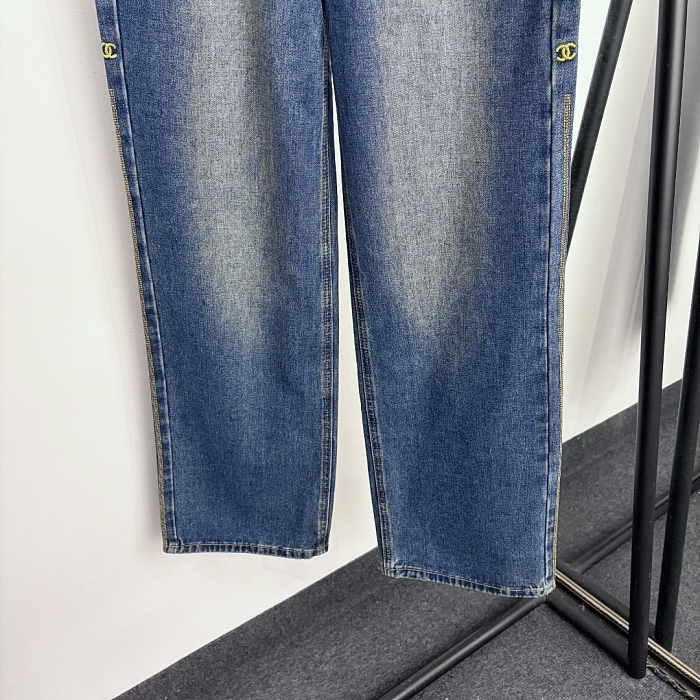 Side Letter Embroidered High Waist Straight Leg Denim Jeans
