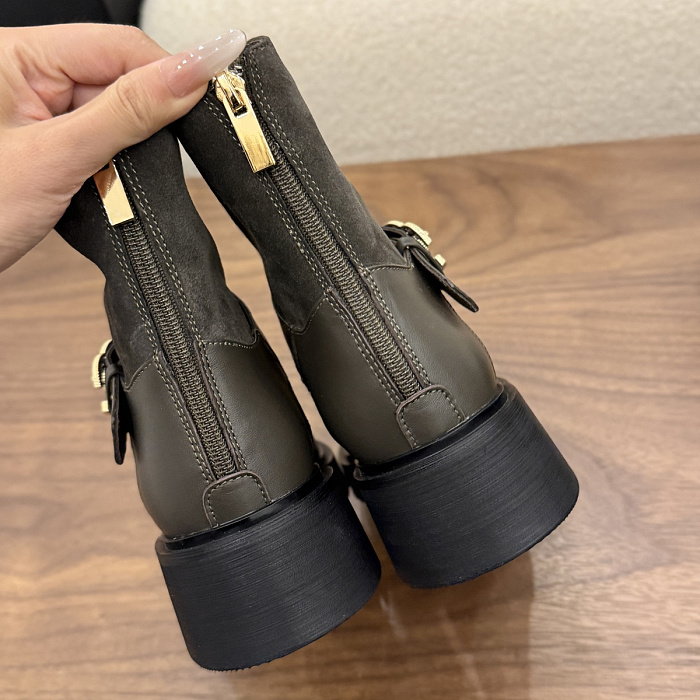 Chunky Platform Suede Ankle Boots With Metal Buckle Detail