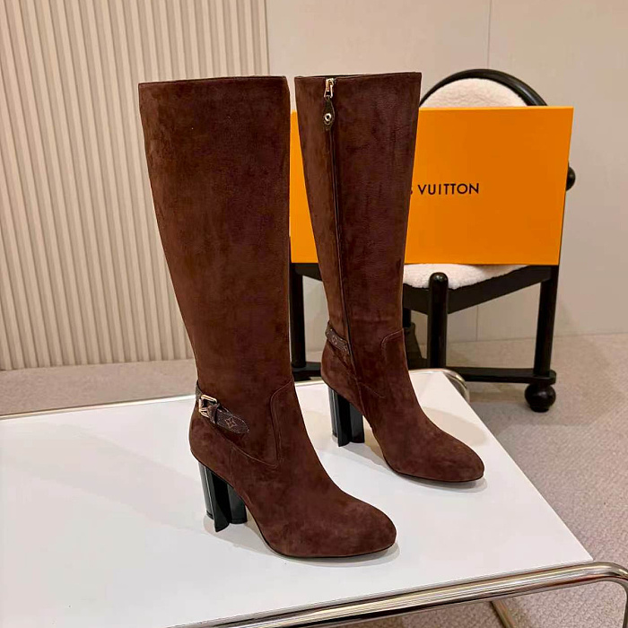 Chunky Heeled Suede Knee High Boots With Monogram Buckle