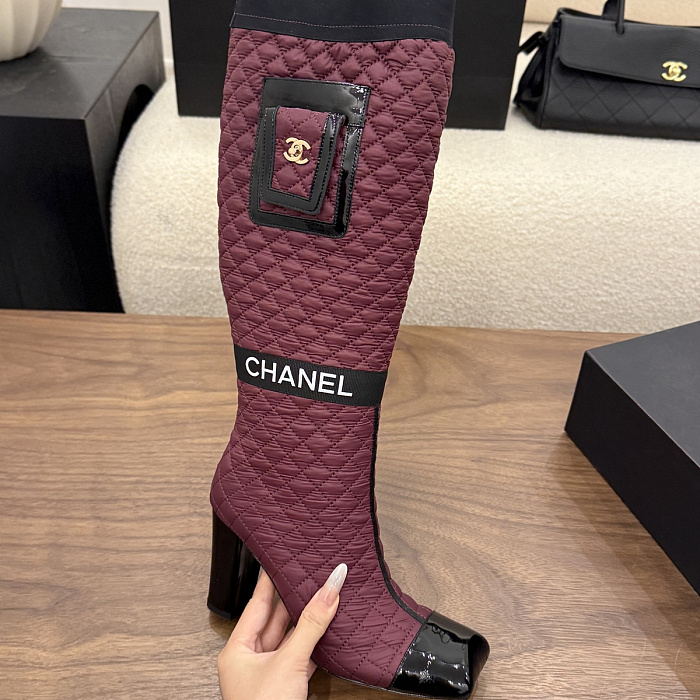 Quilted Fabric High Heel Long Boots With Pocket And Contrast Cap Toe