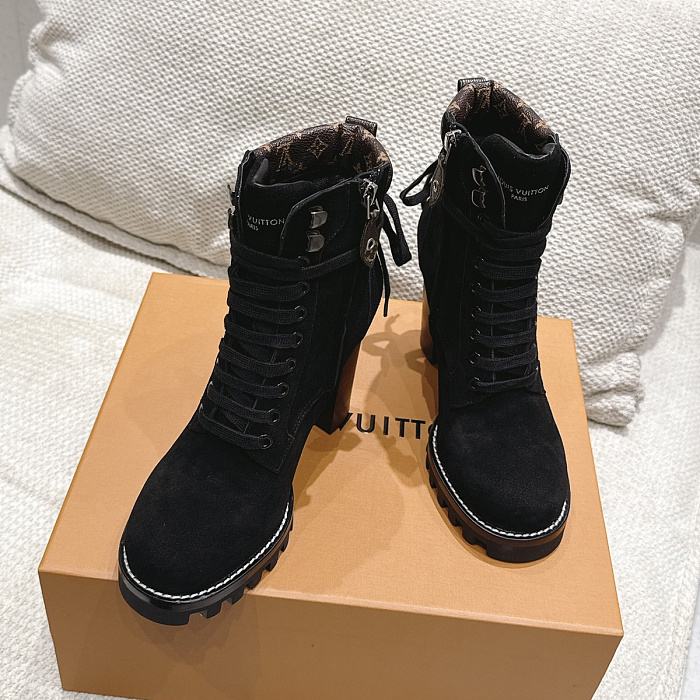 Black Suede Lace Up Chunky Heel Lug Sole Ankle Boots