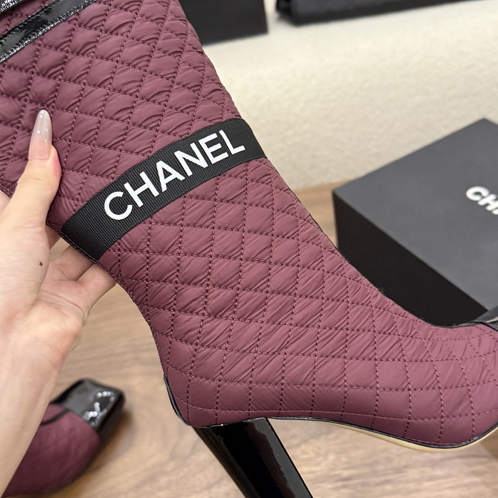 Quilted Fabric High Heel Long Boots With Pocket And Contrast Cap Toe