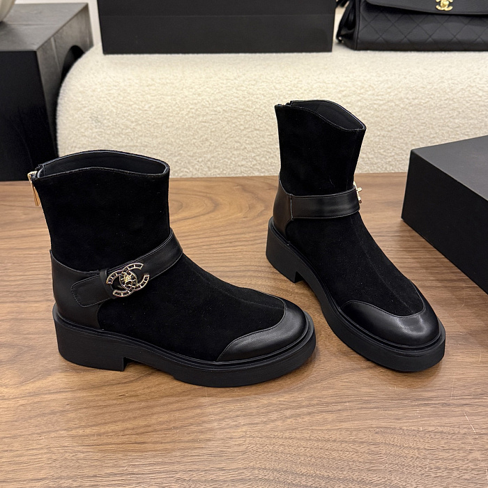 Black Suede Chunky Heel Ankle Boots With Metal Buckle