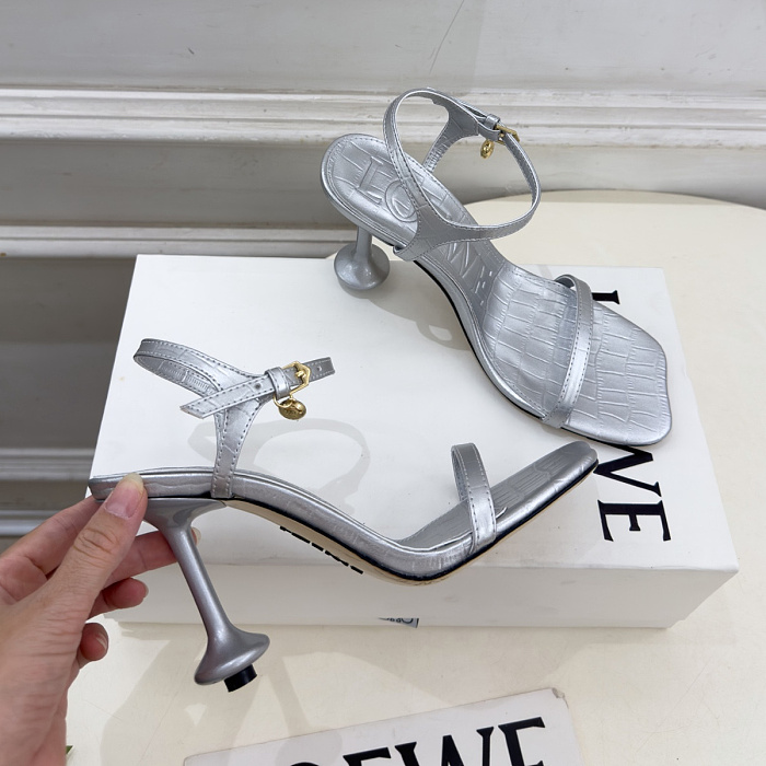 Silver Crocodile Embossed Open Toe Ankle Strap High Heel Sandals